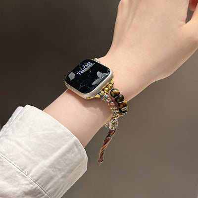 Natural Tiger’s Eye Apple Watch Bracelet, multicolored braided cord, gold charms, Tenzin model