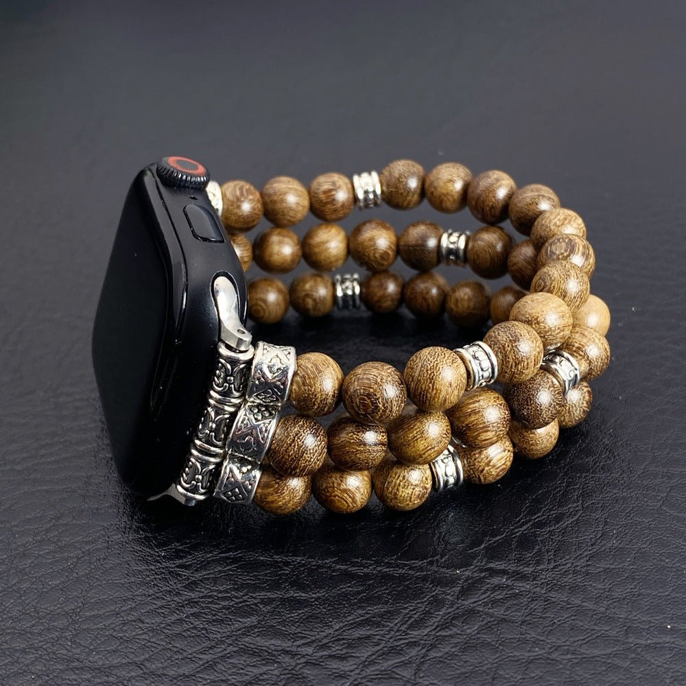 Bracciale per Apple Watch in perle di legno, con connettori argentati incisi, stile etnico chic, elastico, modello Woody