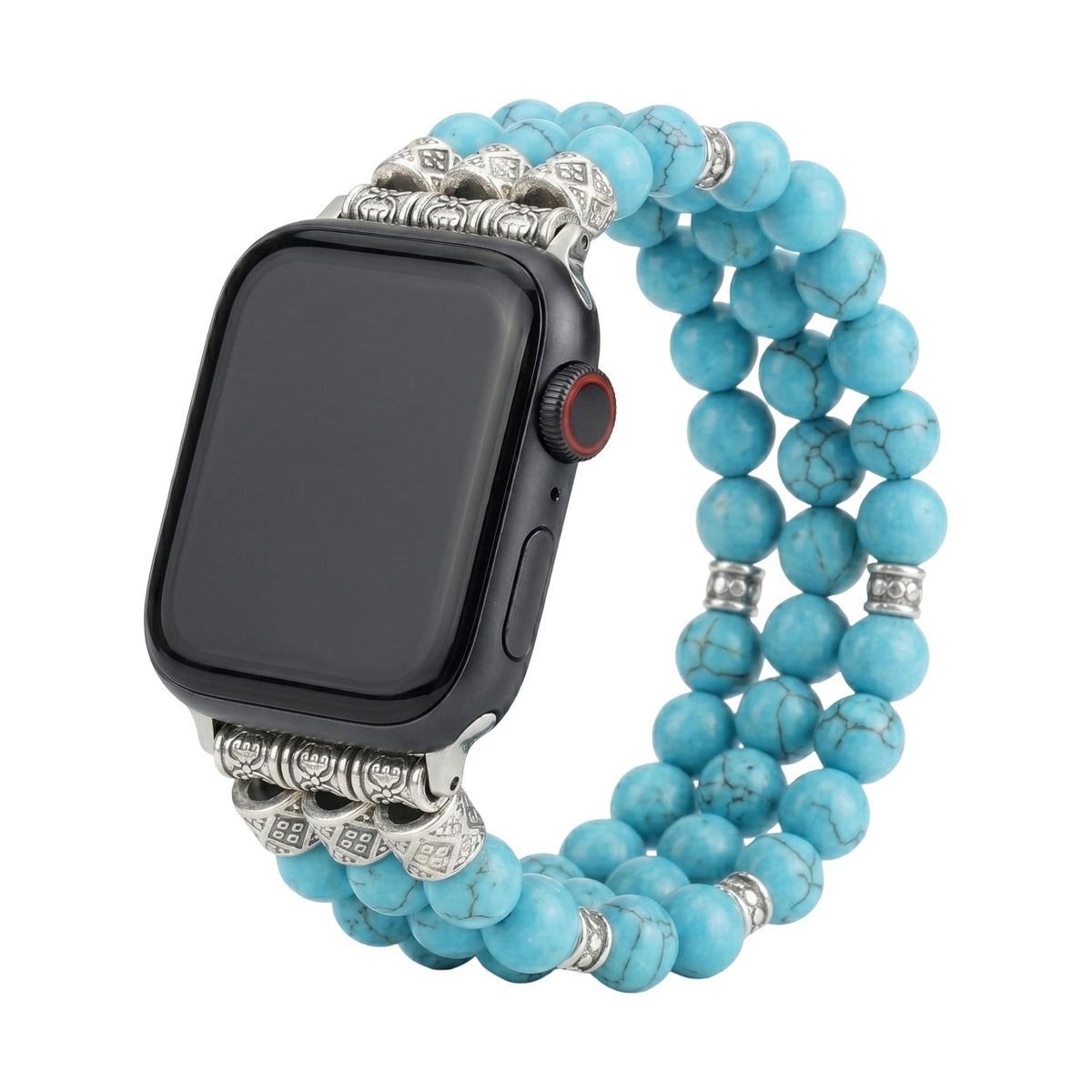 Bracelet Apple Watch en perles naturelles, pierre volcanique ou turquoise, élastique ajustable, style bohème chic, modèle Josin