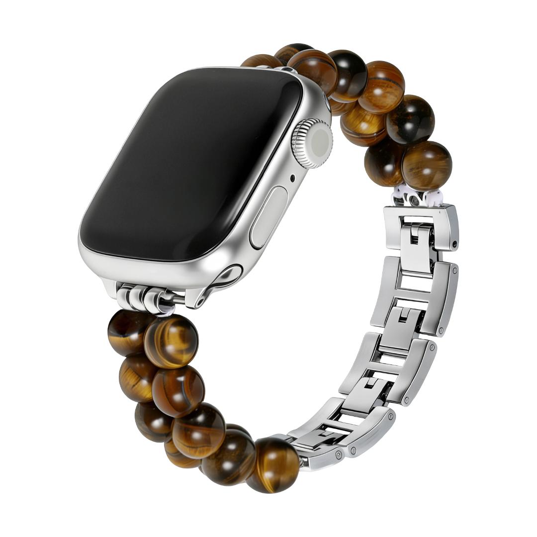 Apple Watch Armband aus Natursteinen, doppelreihig mit Perlen, Metallglieder, Modell Spedzire