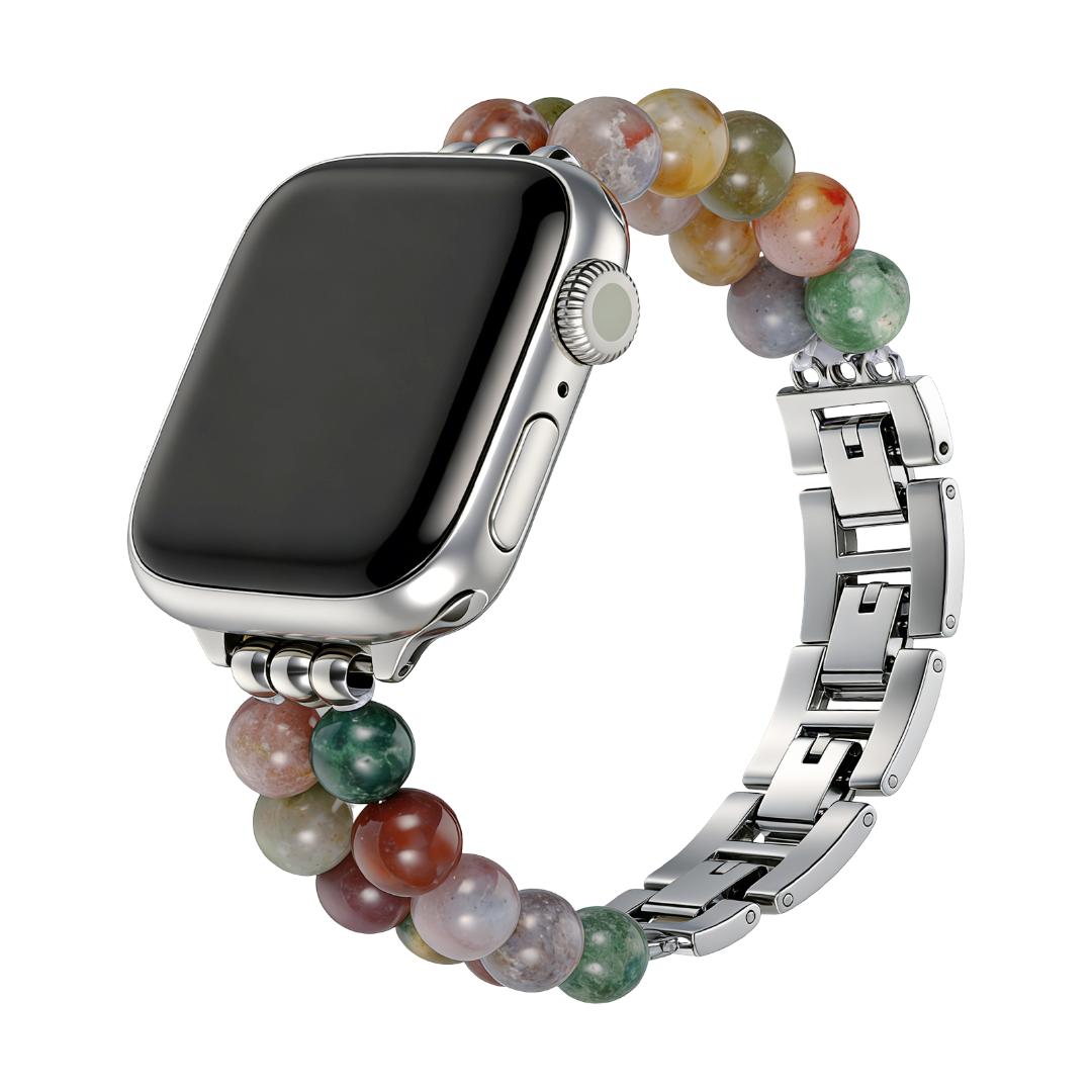 Apple Watch Armband aus Natursteinen, doppelreihig mit Perlen, Metallglieder, Modell Spedzire