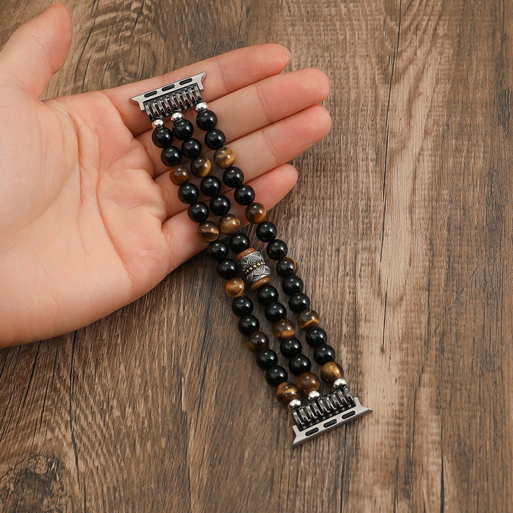 Armbånd til Apple Watch i natursten, tigerøje og sort onyx, perlearmbånd med tre rækker og elastik, model Pedri