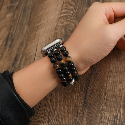 Pulseira para Apple Watch em pedras naturais, olho-de-tigre e ónix preto, estilo contas triplo fio elástico, modelo Pedri