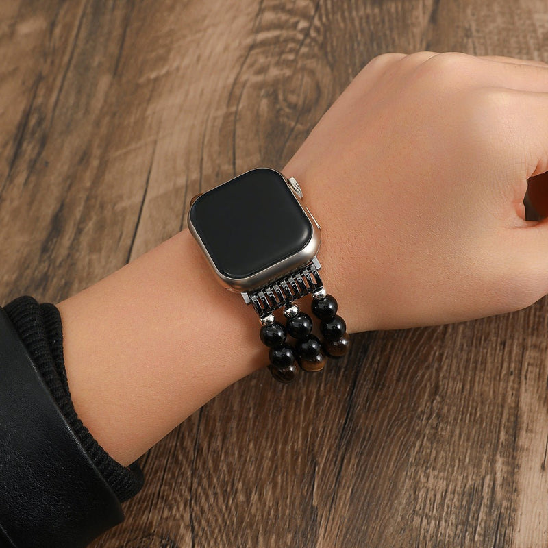 Armbånd til Apple Watch i natursten, tigerøje og sort onyx, perlearmbånd med tre rækker og elastik, model Pedri