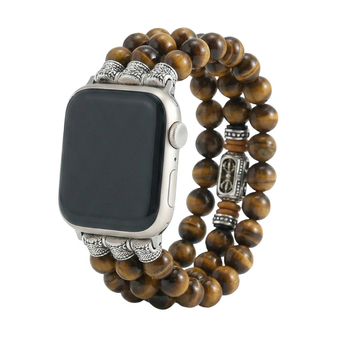 Pulseira para Apple Watch em pedras naturais, olho-de-tigre e ónix preto, estilo contas triplo fio elástico, modelo Pedri