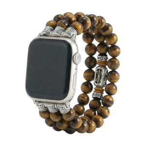Bracelet Apple Watch en pierres naturelles, œil de tigre et onyx noir, style perles triple rang élastique, modèle Pedri