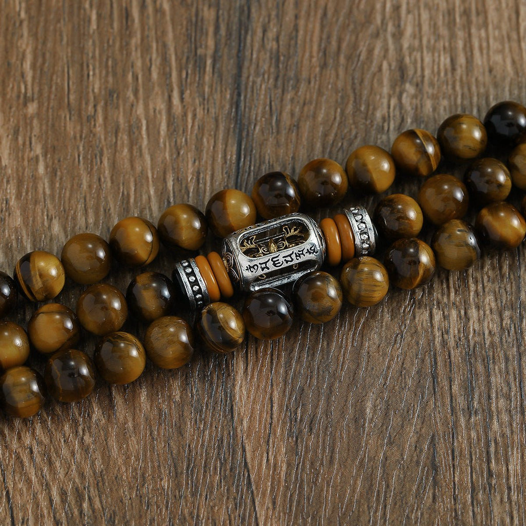 Armbånd til Apple Watch i natursten, tigerøje og sort onyx, perlearmbånd med tre rækker og elastik, model Pedri