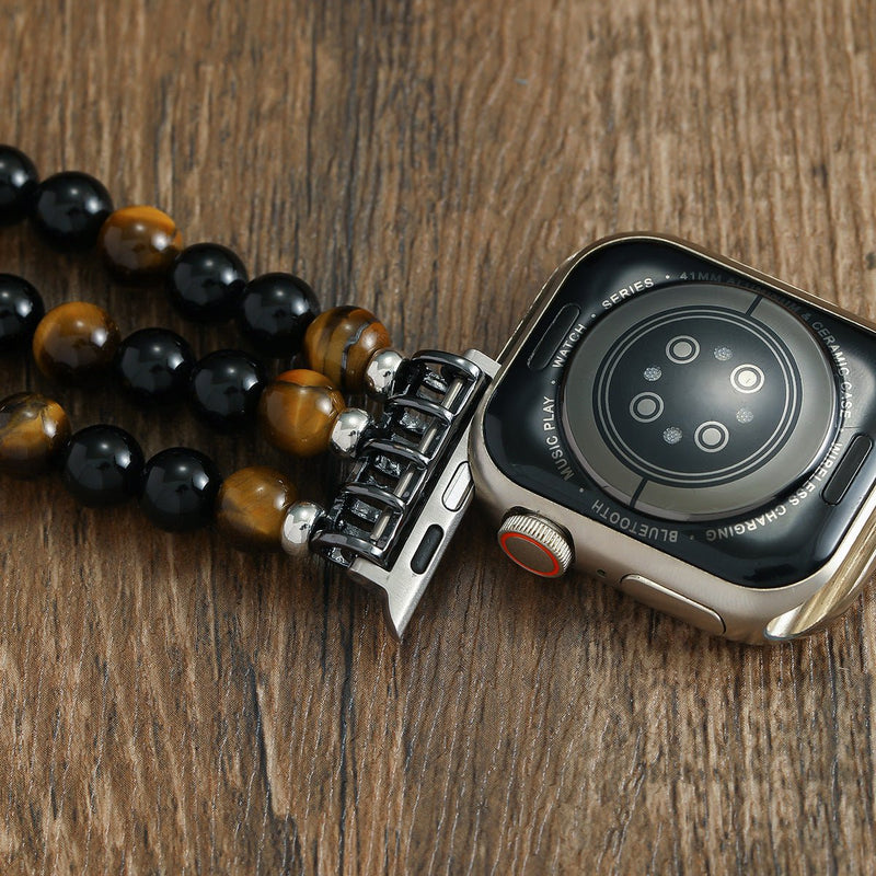 Armbånd til Apple Watch i natursten, tigerøje og sort onyx, perlearmbånd med tre rækker og elastik, model Pedri