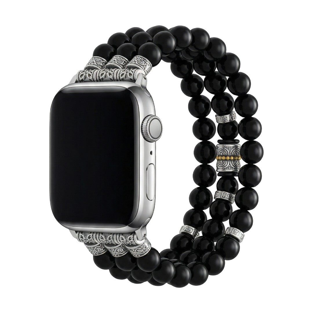 Pulseira para Apple Watch em pedras naturais, olho-de-tigre e ónix preto, estilo contas triplo fio elástico, modelo Pedri