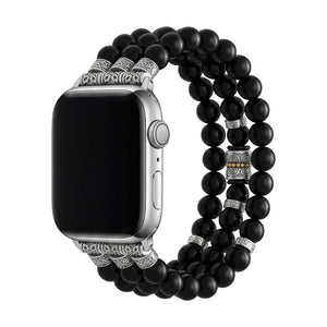 Bracelet Apple Watch en pierres naturelles, œil de tigre et onyx noir, style perles triple rang élastique, modèle Pedri