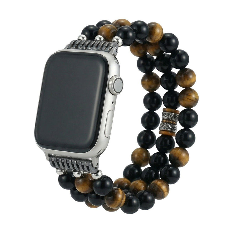 Armbånd til Apple Watch i natursten, tigerøje og sort onyx, perlearmbånd med tre rækker og elastik, model Pedri