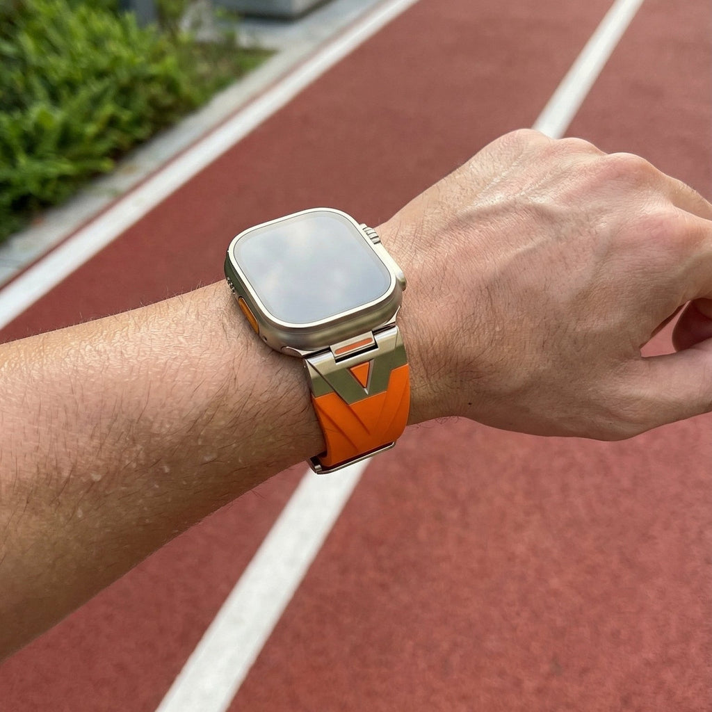 Pulseira para Apple Watch em silicone de alta resistência, fecho de fivela metálica, estilo desportivo dinâmico para Apple Watch, modelo Vécra