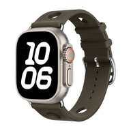 Bracelet Apple Watch silicone vert olive perforé avec fermoir acier inoxydable, style sportif et respirant.