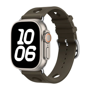 Bracelet Apple Watch silicone vert olive perforé avec fermoir acier inoxydable, style sportif et respirant.