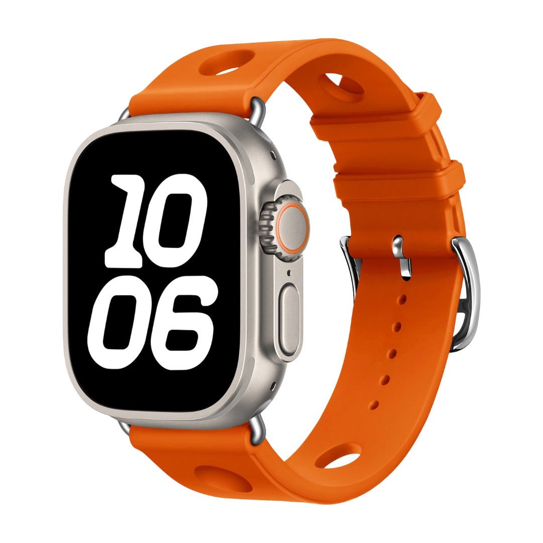 Bracelet Apple Watch silicone orange perforé avec fermoir en acier inoxydable, style sportif et respirant.