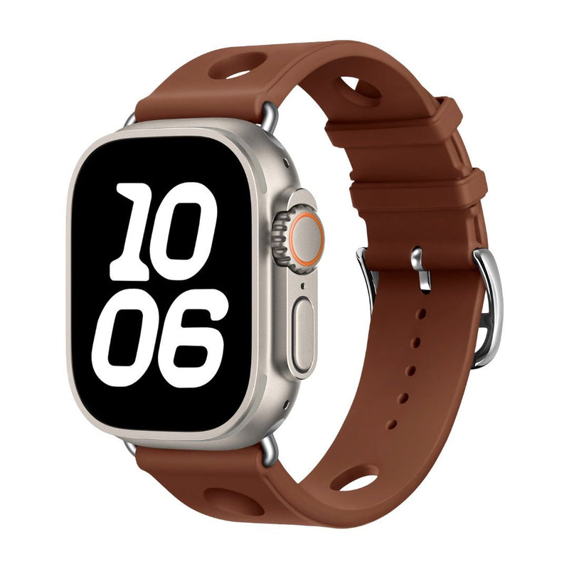 Bracelet Apple Watch en silicone marron perforé avec fermoir en acier inoxydable, style respirant et sportif.