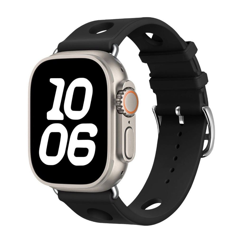 Bracelet Apple Watch noir en silicone perforé avec fermoir en acier inoxydable, style sportif et respirant.