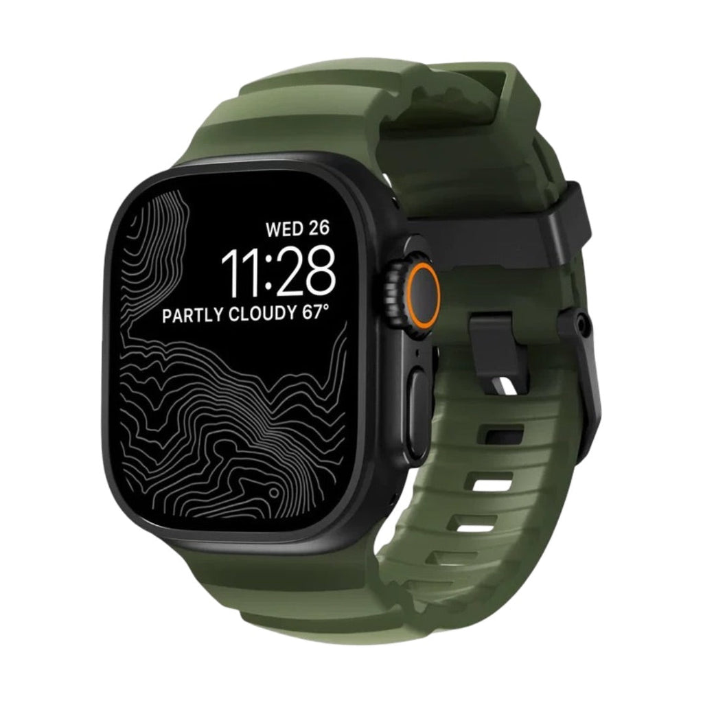 Bracelet Apple Watch silicone vert kaki renforcé avec boucle solide et design moderne pour 44-49mm.