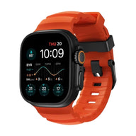 Bracelet Apple Watch silicone renforcé orange avec boucle noire solide, design moderne, pour Apple Watch 44-49mm.