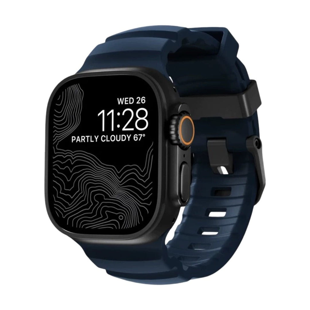 Bracelet bleu marine en silicone renforcé avec boucle noire solide pour Apple Watch 44-49mm.
