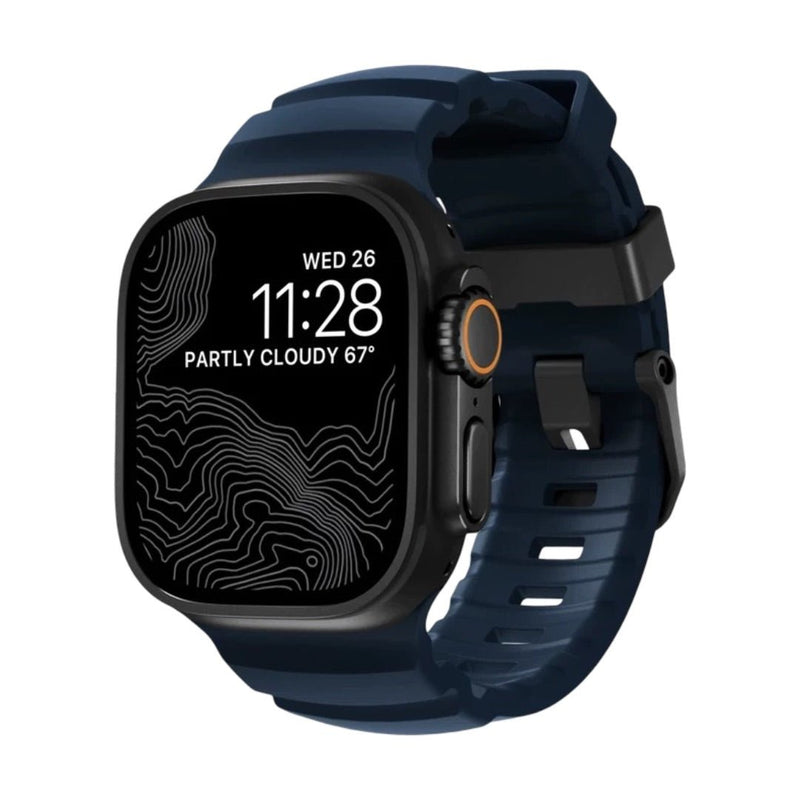 Bracelet bleu marine en silicone renforcé avec boucle noire solide pour Apple Watch 44-49mm.