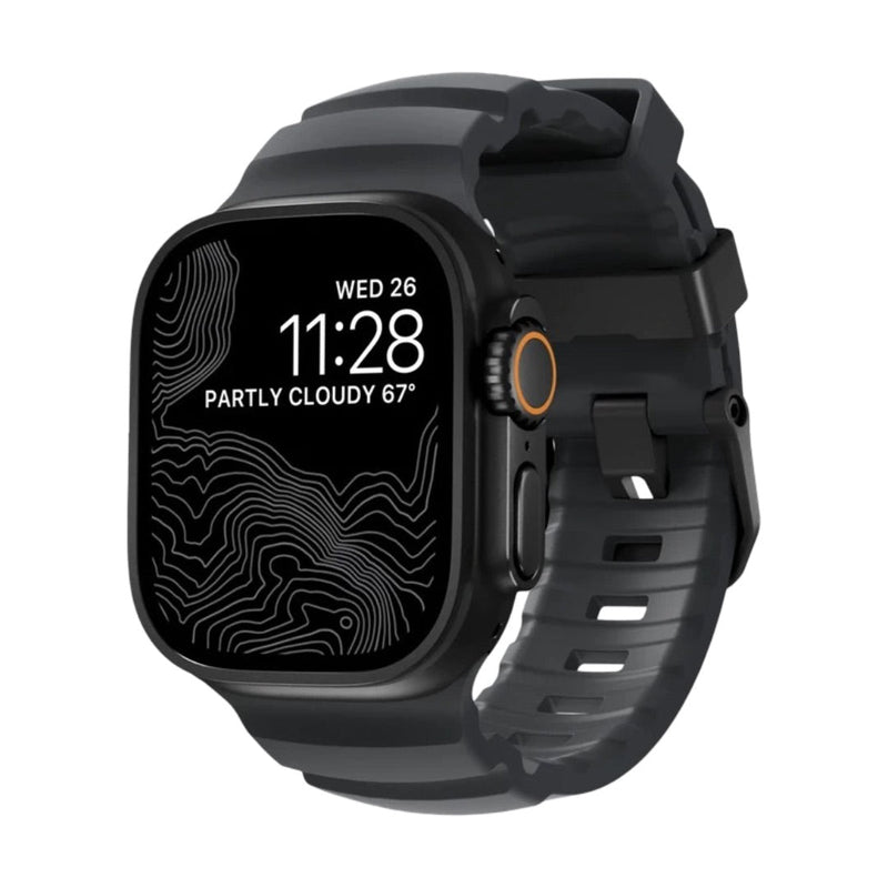 Bracelet Apple Watch noir en silicone renforcé avec boucle solide et design moderne compatible 44-49mm.