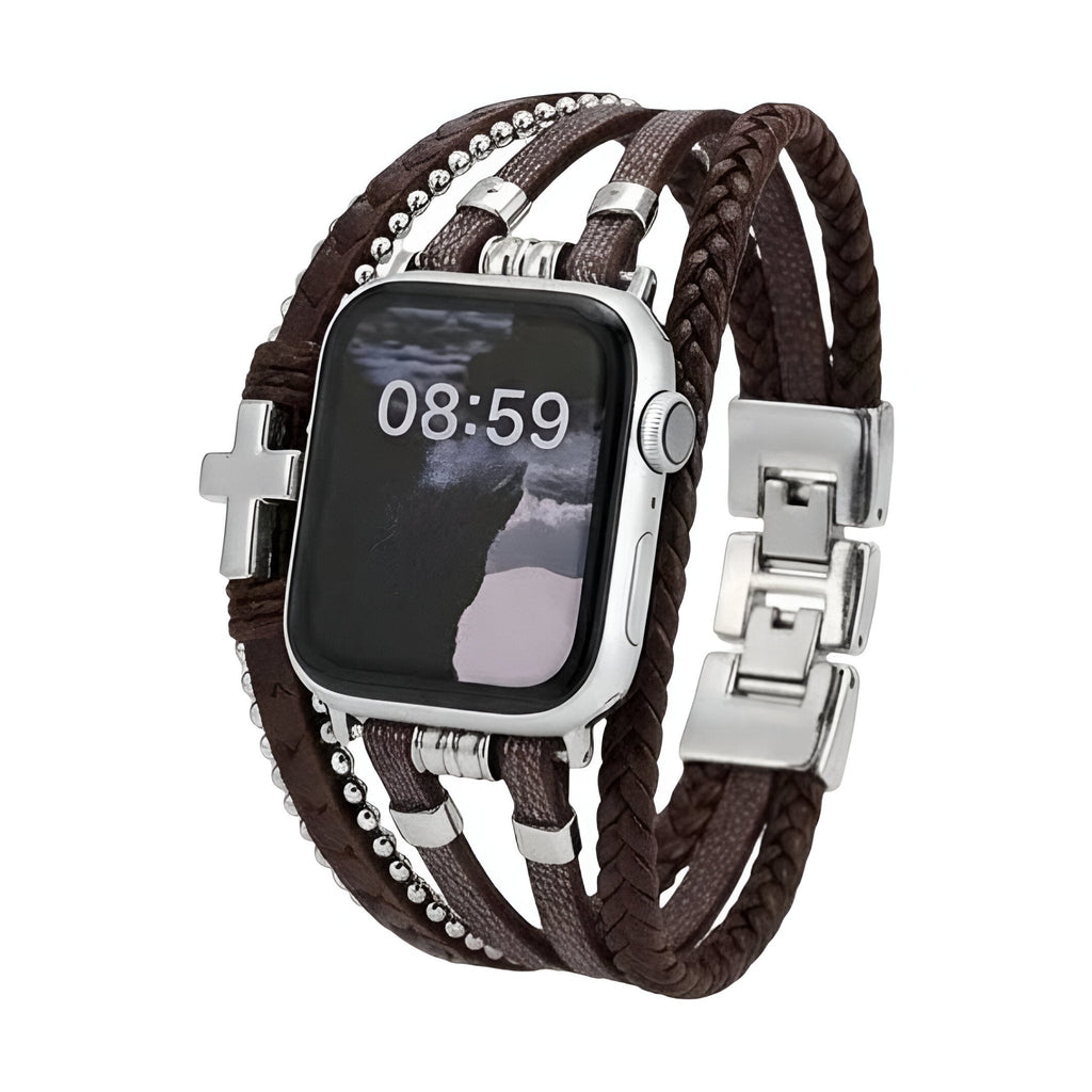 Bracelet en simili cuir vegan marron tressé multi-tours avec croix métallique argentée pour Apple Watch.