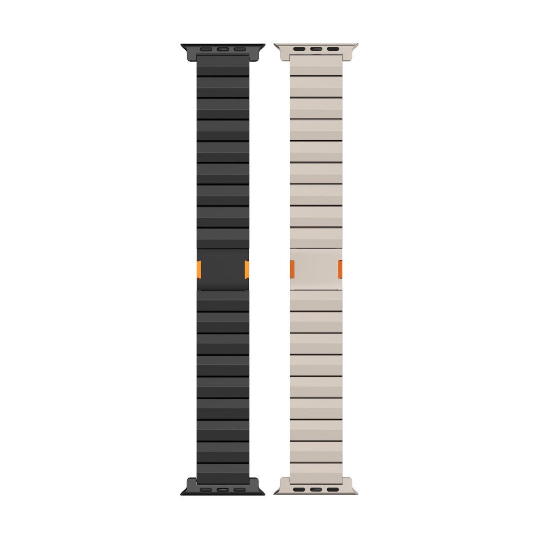 Bracelet Apple Watch en titane, design à maillons rectangulaires, noir et gris clair, fermetures magnétiques orange.