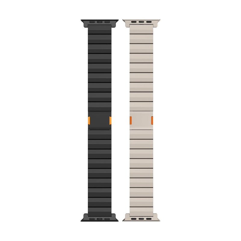 Bracelet Apple Watch en titane, design à maillons rectangulaires, noir et gris clair, fermetures magnétiques orange.
