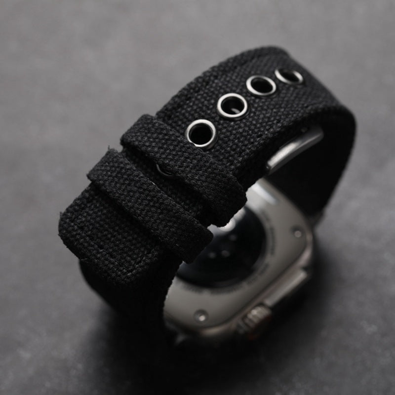 Bracelet Apple Watch en toile épaisse double couche, style robuste, boucle acier, confort durable au poignet, modèle Jeffrey