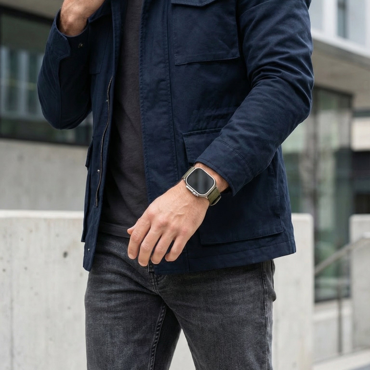 Bracelet Apple Watch en toile épaisse double couche, style robuste, boucle acier, confort durable au poignet, modèle Jeffrey