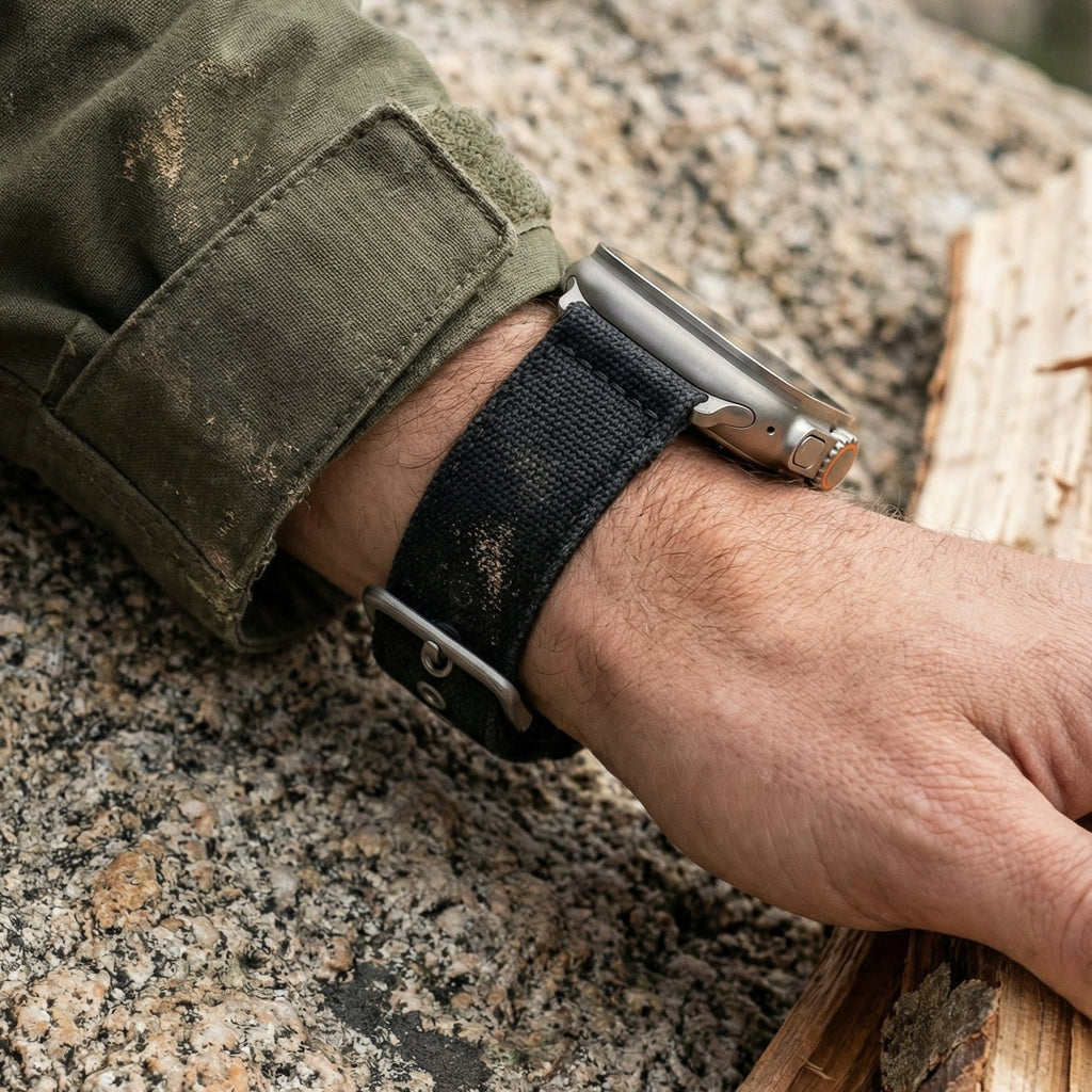 Bracelet Apple Watch en toile épaisse double couche, style robuste, boucle acier, confort durable au poignet, modèle Jeffrey