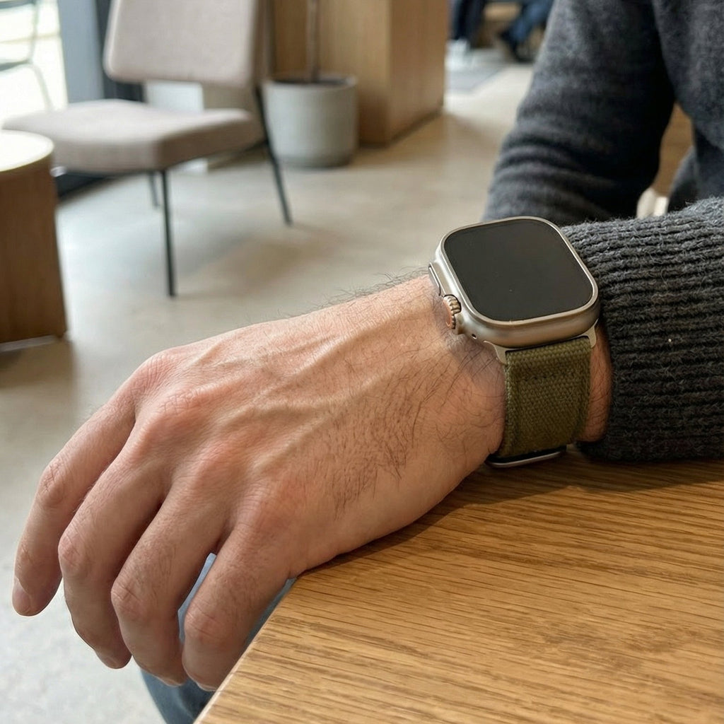 Bracelet Apple Watch en toile épaisse double couche, style robuste, boucle acier, confort durable au poignet, modèle Jeffrey