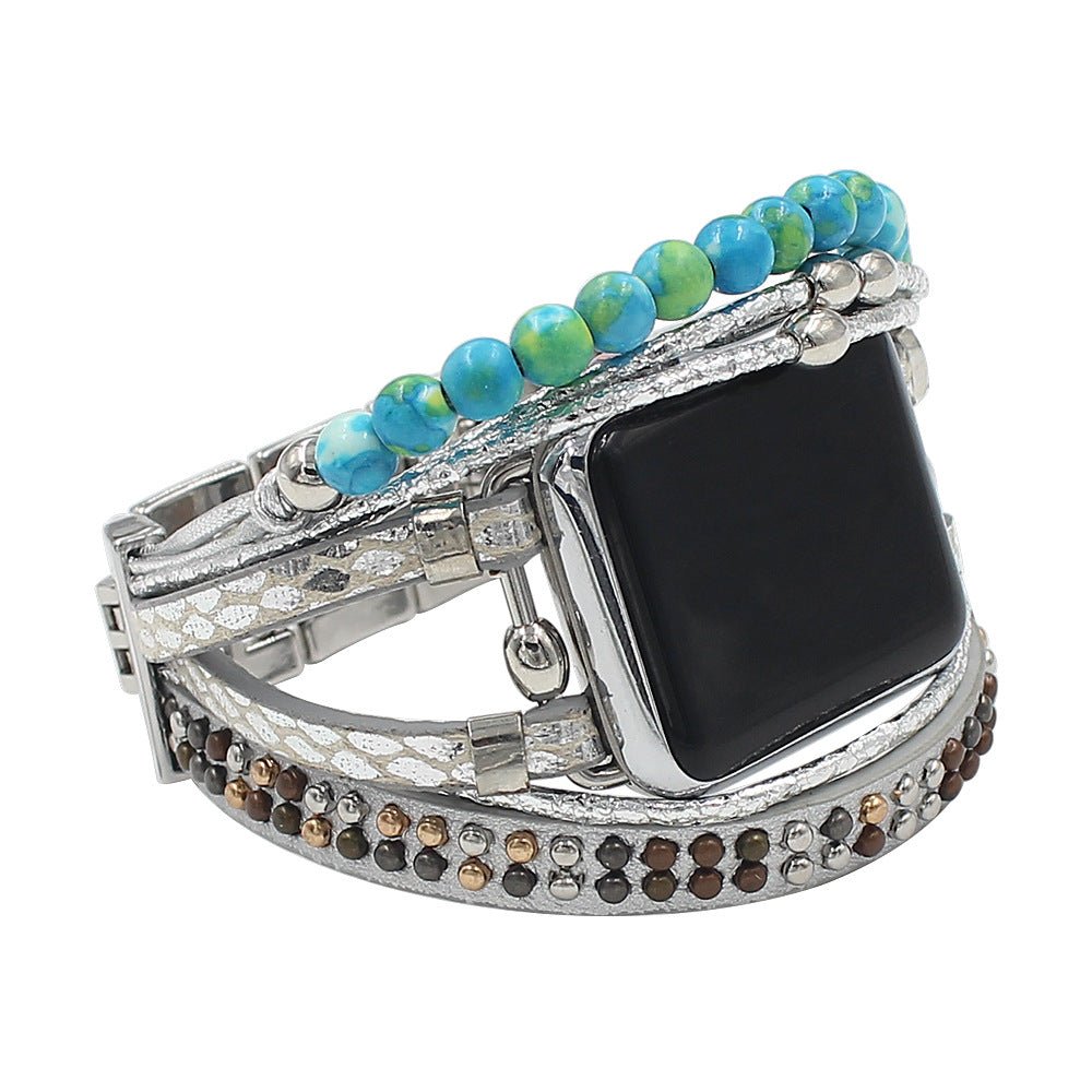 Bracelet manchette en cuir tressé argenté avec pierres turquoise naturelles et strass marron pour Apple Watch.