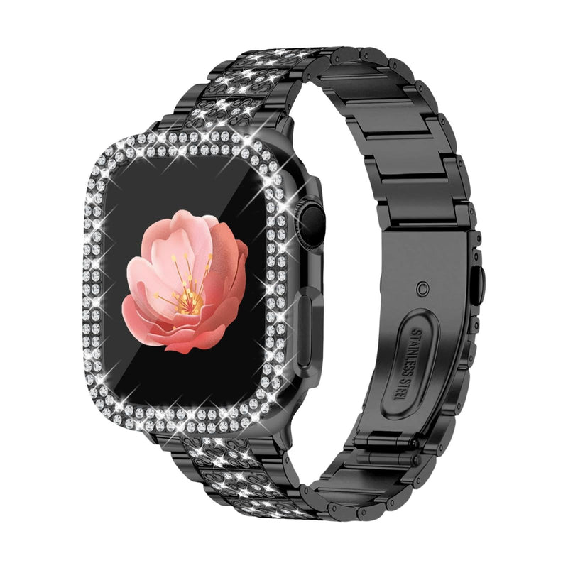 Apple Watch Bracelet for Women, Stainless Steel, Sparkling Rhinestones, Integrated Protective Case, Adjustable Links, Stracha Model
