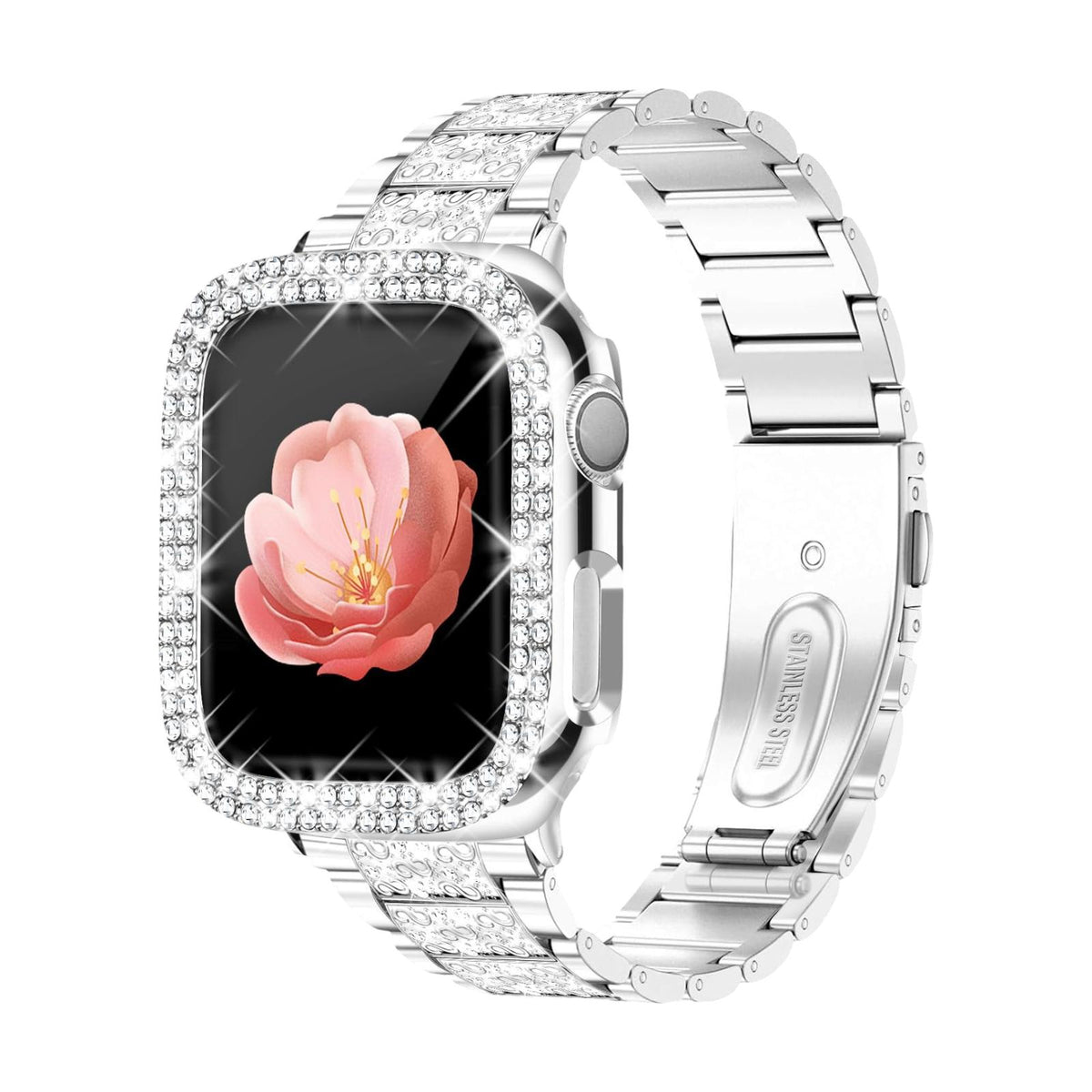 Apple Watch Bracelet for Women, Stainless Steel, Sparkling Rhinestones, Integrated Protective Case, Adjustable Links, Stracha Model