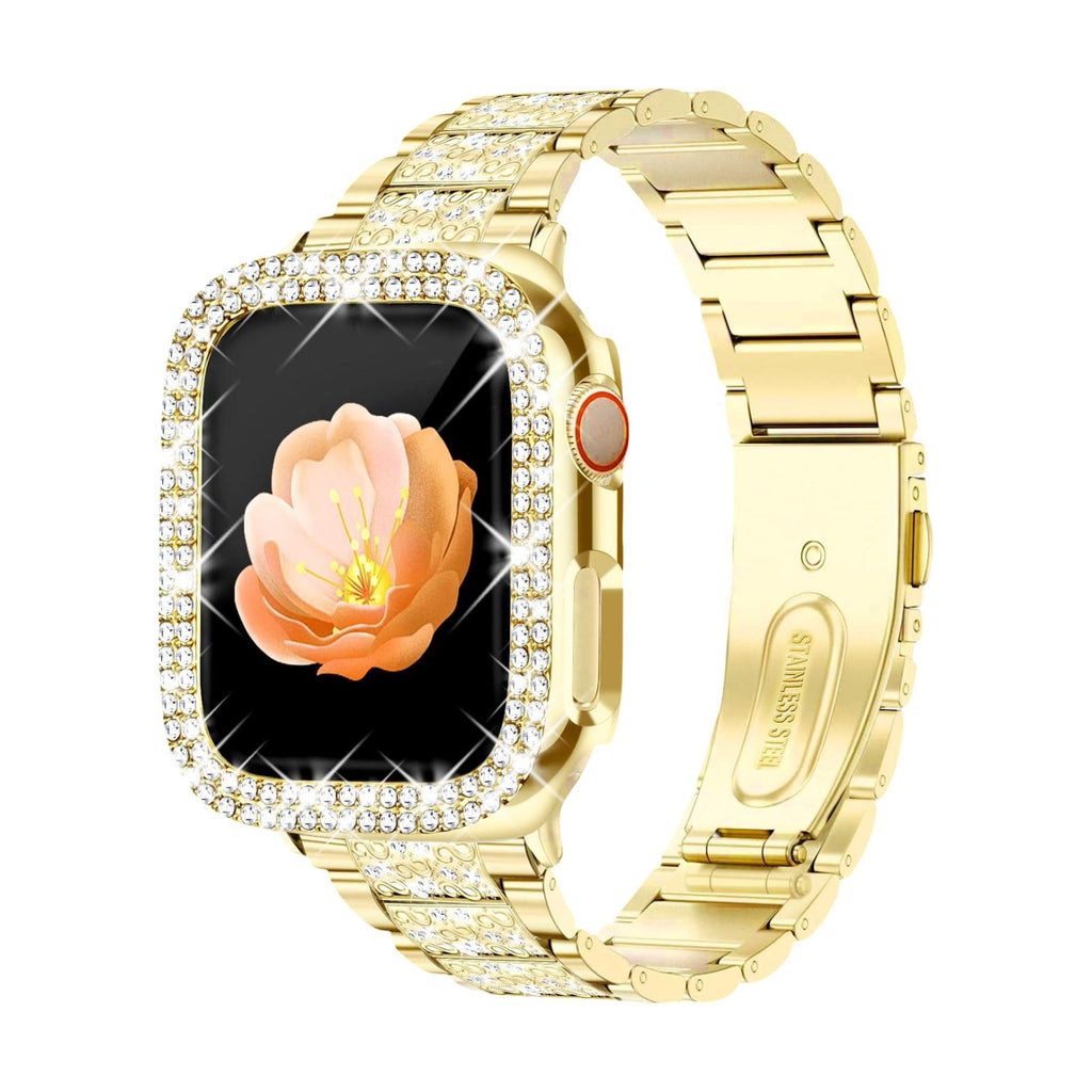 Apple Watch Bracelet for Women, Stainless Steel, Sparkling Rhinestones, Integrated Protective Case, Adjustable Links, Stracha Model