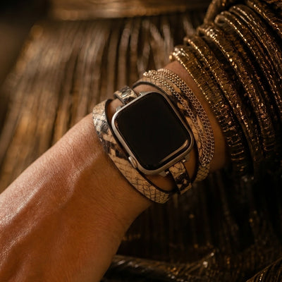 Apple Watch-armbånd til kvinder, læder med slangeprint, kæder i rustfrit stål, justerbare led, tredobbelt viklet armbånd, model Philyra
