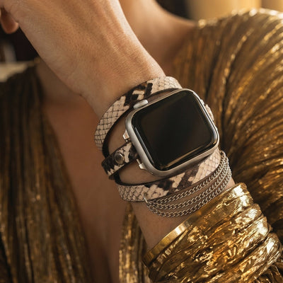 Apple Watch-armbånd til kvinder, læder med slangeprint, kæder i rustfrit stål, justerbare led, tredobbelt viklet armbånd, model Philyra
