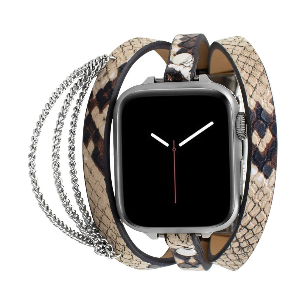 Pulseira Apple Watch para mulher, couro com padrão de serpente, correntes em aço inoxidável, elos ajustáveis, pulseira tripla, modelo Philyra