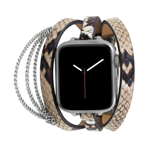 Pulseira Apple Watch para mulher, couro com padrão de serpente, correntes em aço inoxidável, elos ajustáveis, pulseira tripla, modelo Philyra