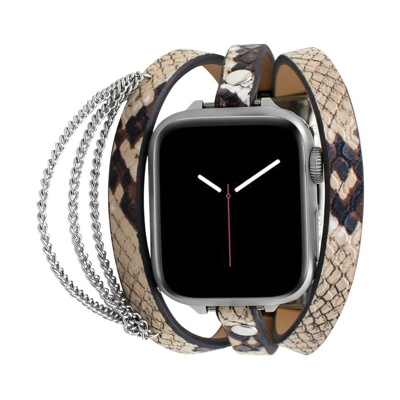 Pulseira Apple Watch para mulher, couro com padrão de serpente, correntes em aço inoxidável, elos ajustáveis, pulseira tripla, modelo Philyra