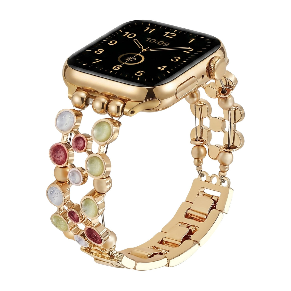 Bracciale per Apple Watch con maglie dorate e cabochon smaltati multicolore, da donna, modello Bestine