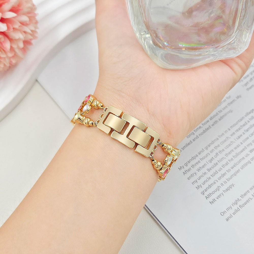 Bracciale per Apple Watch con maglie dorate e cabochon smaltati multicolore, da donna, modello Bestine
