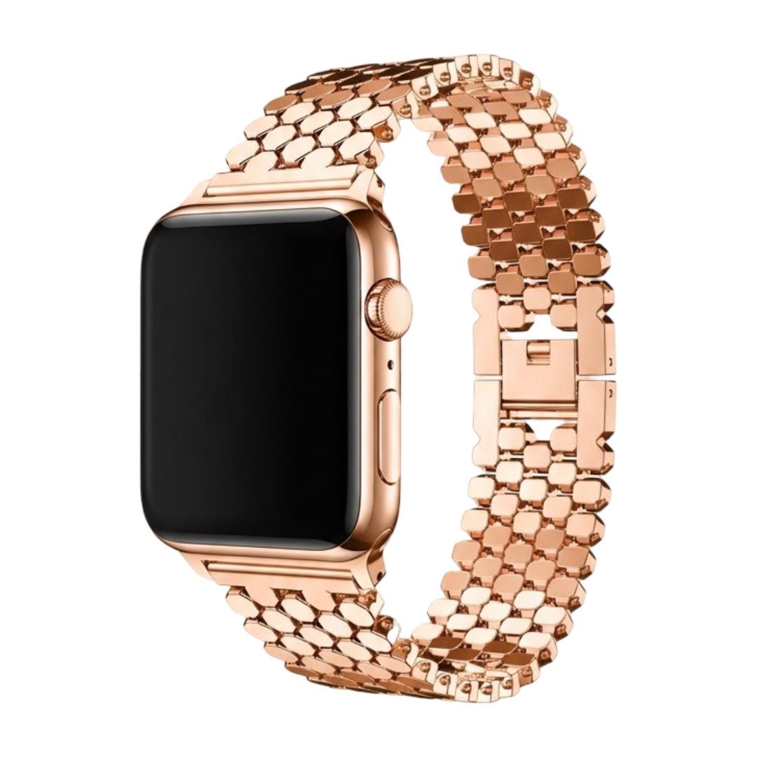 Bracelet doré pour Apple Watch avec maillons alvéolés style ruche et fermoir invisible élégant.