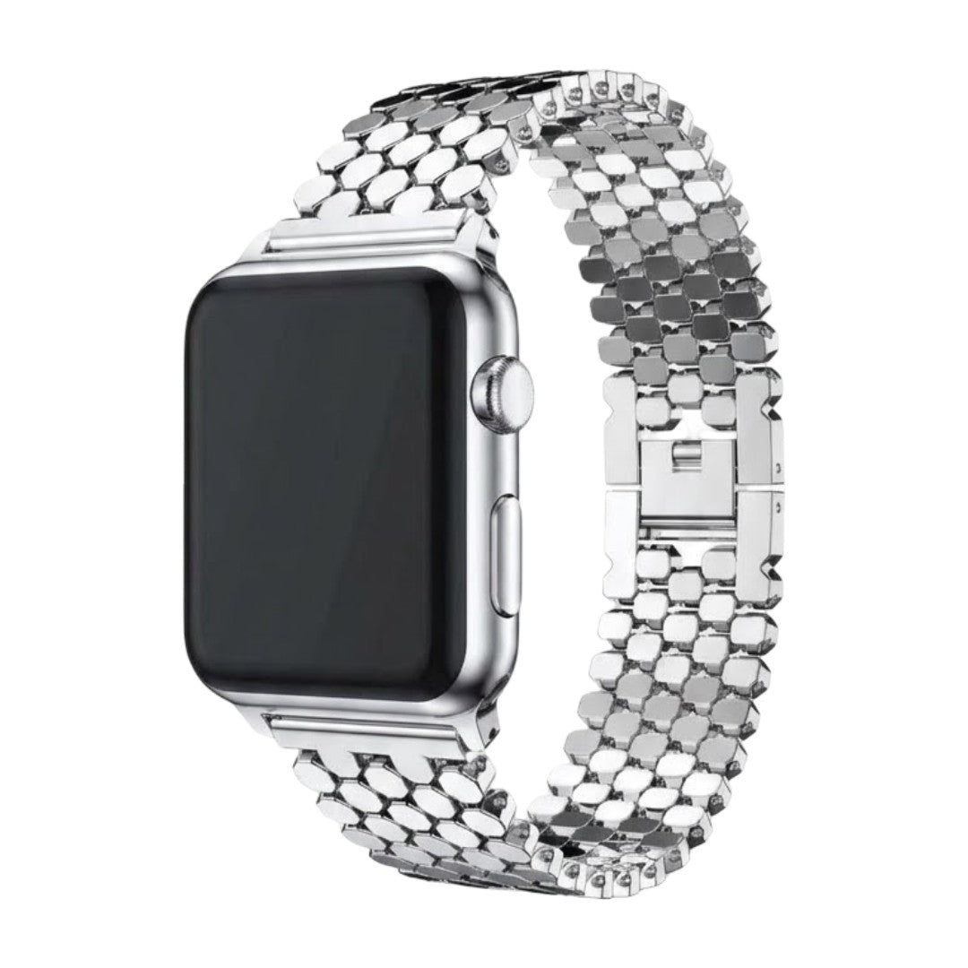 Bracelet Apple Watch doré en métal avec mailles alvéolées ruche, fermoir invisible, design luxueux et ajustable.