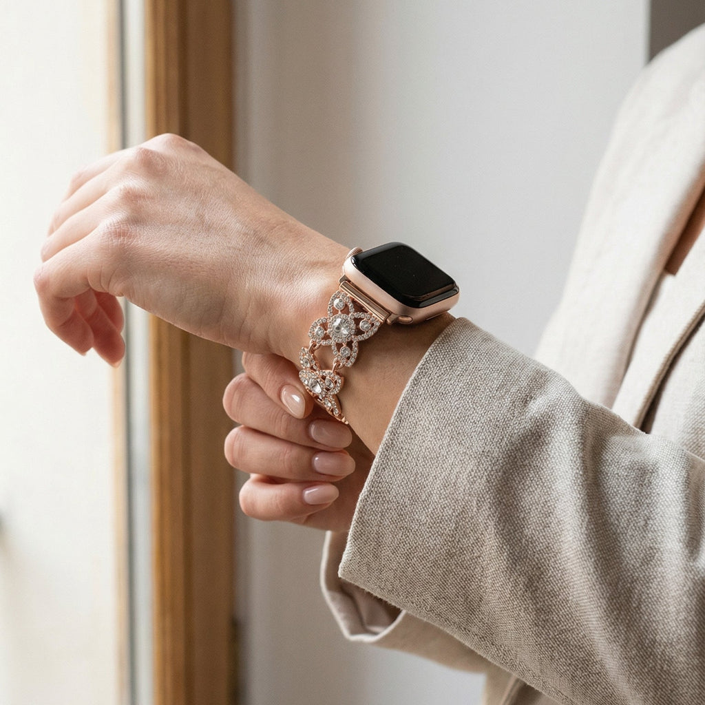 Damesarmband voor Apple Watch van metaal, met klavermotief bezet met fonkelende zirkonia, sierlijke schakel, model Yadna