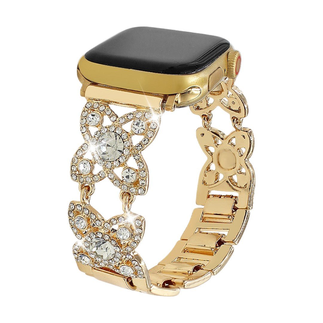 Women's metal Apple Watch bracelet, clover pattern set with sparkling zircons, elegant decorative link, Yadna model