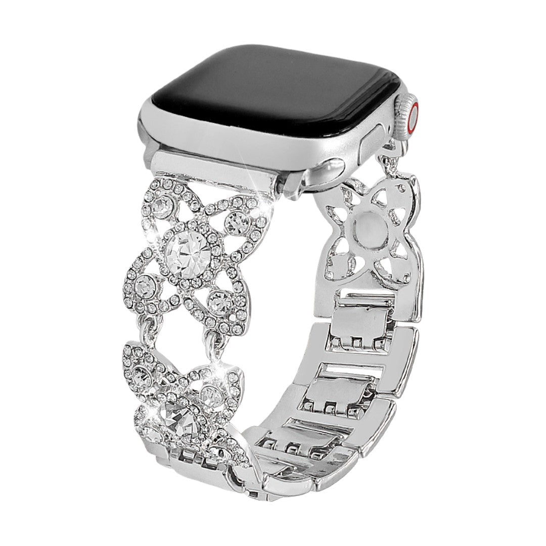 Damesarmband voor Apple Watch van metaal, met klavermotief bezet met fonkelende zirkonia, sierlijke schakel, model Yadna