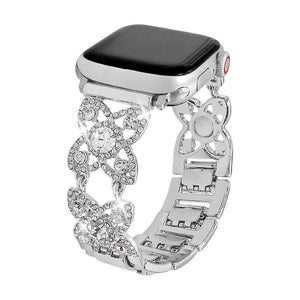 Damesarmband voor Apple Watch van metaal, met klavermotief bezet met fonkelende zirkonia, sierlijke schakel, model Yadna